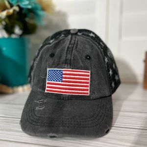 Distressed Gray American Flag Trucker Hat, Velcro Closure, OS